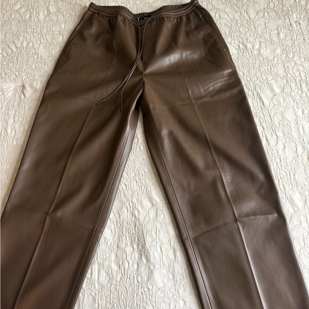 Mango Taupe Faux Leather Trousers